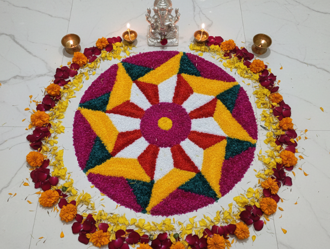 Marigold Aura Round Rangoli Mat by Rangfuroli